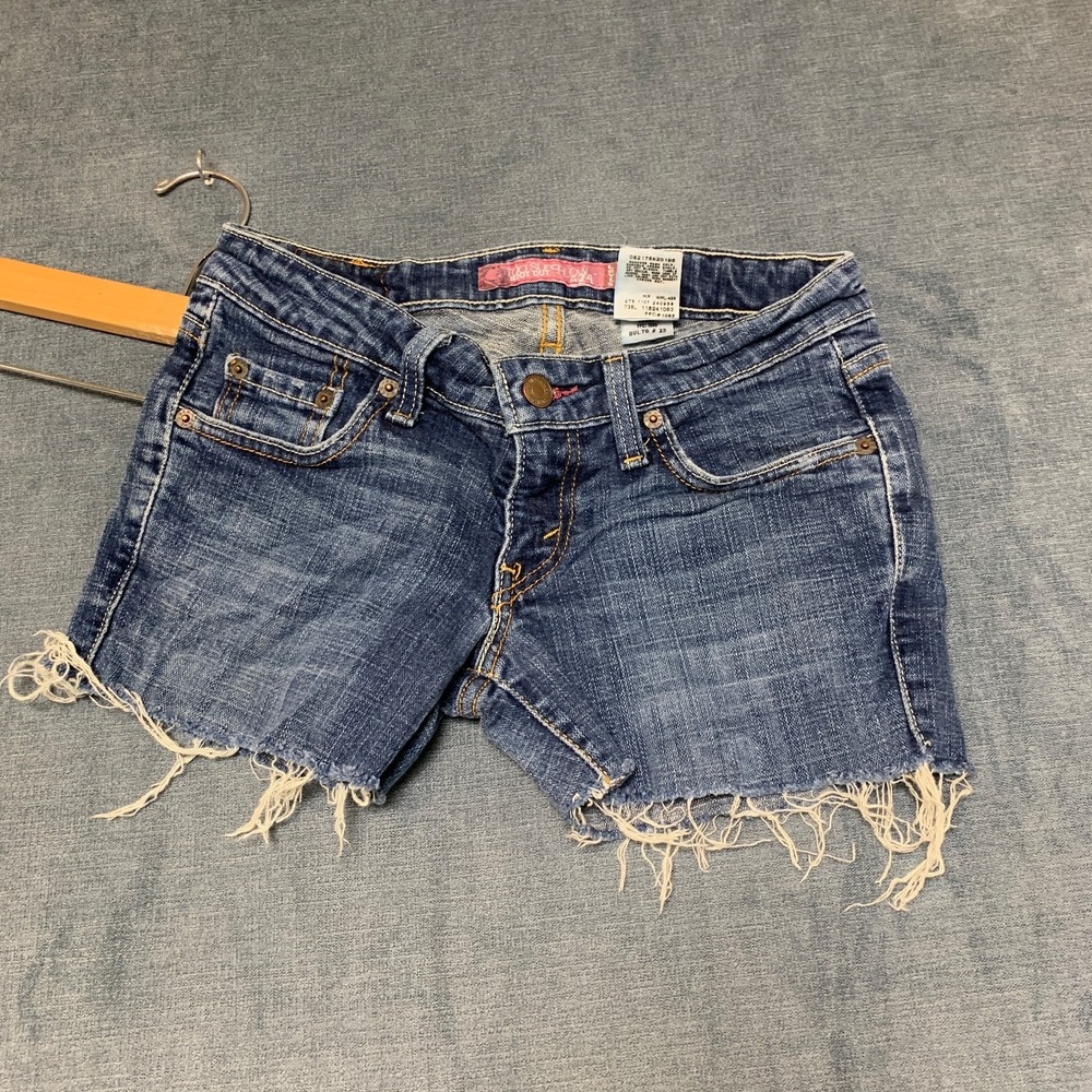 Y2K Levi's 524 Too Super Low Shorts Womens 1M Blue Denim Cotton Stretch